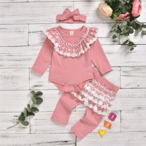Girls Round Neck Lace Decor Romper And Pants With Headband Set