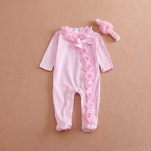 Baby Solid Color Flower Decor Jumpsuit And Headband Set