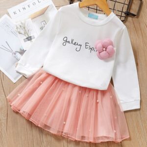 Girls Round Neck Letter Printed Flower Decor T-Shirt And Skirt Set