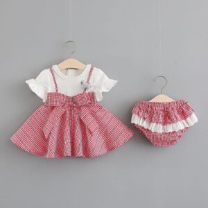 Girls Round Neck Bowknot Design Dress And Shorts Set