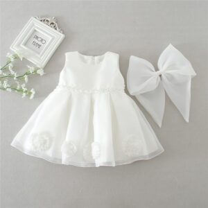 Girls Sleeveless Flower Decoration Fluffy Dress With Bowknot