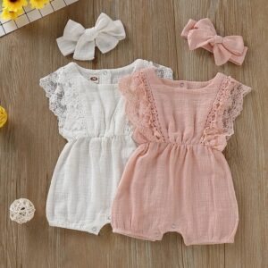 Girls Sleeveless Lace Design Solid Color Romper With Headband
