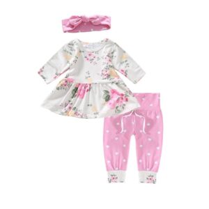 Baby Flower Pattern Skirt Design Tops And Pants With Headband Set