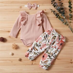 Girls Ruffled Long-sleeves Romper And Flower Printed Pants With Headband Three-Piece Set
