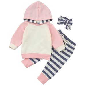 Kids Splice Hooded Tops And Stripe Pants With Headband Three-piece Set