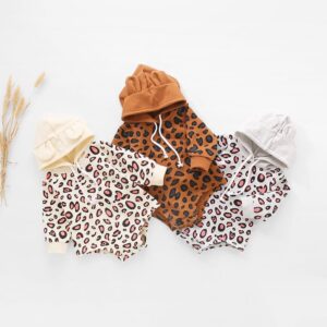 Kids Leopard Printed Bear Ear Design Hooded Romper