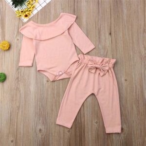 Girls Solid Color Ruffled Tops And Bowknot Decoration Pants