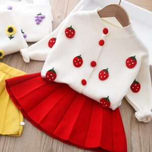 Girls Single Row Button Tops And Solid Color Skirt Two-piece Set