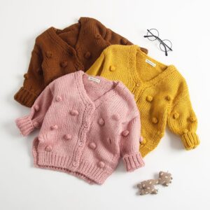 Girls Solid Color Pompon Decor V-neck Knitwear