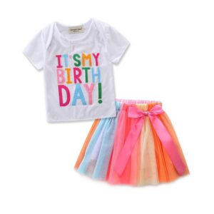 Girls Fashion Printed T-Shirt And Rainbow Tulle Skirt Set
