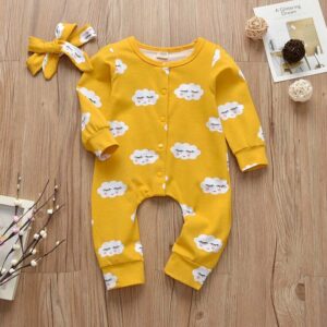 Baby Cute Cloud Pattern Long Sleeve Cotton Jumpsuit With Headband Set