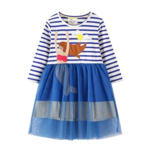 Girls Blue And White Striped Mermaid Pattern Long Sleeve Dress