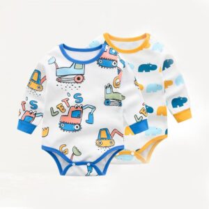 Baby Boy Hippo Excavator Printed Long-sleeved One-piece Bodysuit