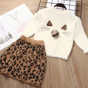 2 Pcs Set Girl Cat Pattern Leopard Design Knitted Tops And Skirts