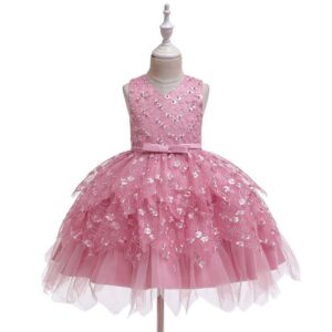 Lovely Girl Solid Color Floral Design Bowknot Party Princess Dress