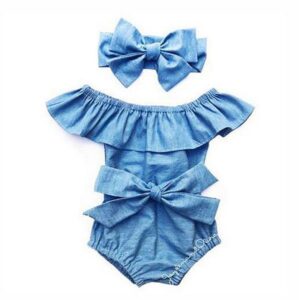 2 Pcs Baby Girl Bowknot Design Denim Bodysuit And Headband