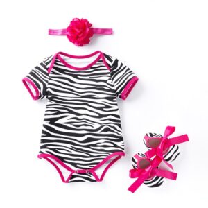 3Pcs Cute Newborn Baby Zebra Pattern Shoes And Flower Headband Stripe Organic Cotton Romper Set