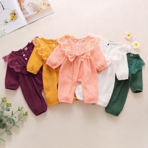 Baby Girls Solid Color Bow Lace Long Sleeve Single-breasted Jumpsuit