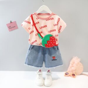 Baby Girls Cute Letter All Over Print Round Neck Short Sleeve Fake Bag Design Loose T-Shirt And Elastic Denim Shorts Set
