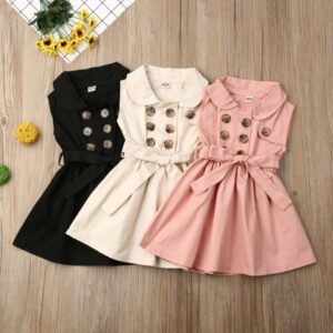 Kids Girls Retro Solid Color Sleeveless Double-breasted Windbreaker Dress