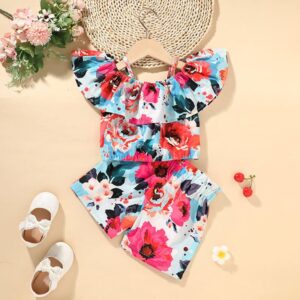 Girls Fashion Ruffled Flower Pattern Tops And Shorts Set