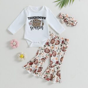 Kids Baby Girls Spring And Autumn Casual Cute Letters Print Long Sleeve Round Neck Romper Flare Trousers Set