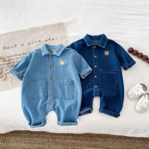Kids Baby Boys Girls Casual Cute Cartoon Embroidery Short Sleeve Lapel Denim Romper