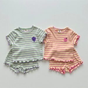 Kids Baby Girls Casual Cute Stripe Print Short Sleeve Round Neck Top Shorts Set