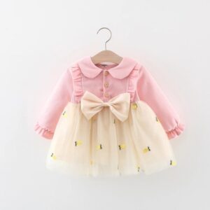 Kids Baby Girls Casual Cute Pineapple Mesh Print Bow Long Sleeve Lapel Dress