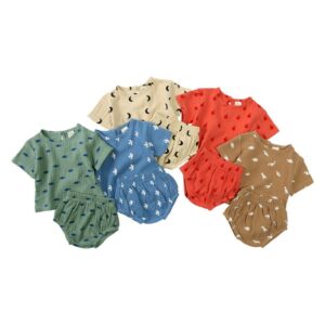 Toddlers Newborn Baby Fashion Girls Boys Basic Casual Short Sleeve Cartoon Print T-Shirt And Shorts 2pcs Set