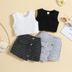 Toddlers Newborn Baby Fashion Girls Sleeveless Solid Color Ruffle Top And Plaid Skirt 2pcs Set