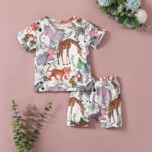 Kids Casual Round Neck Short Sleeve Animal All Over Print T-Shirt And Shorts Set
