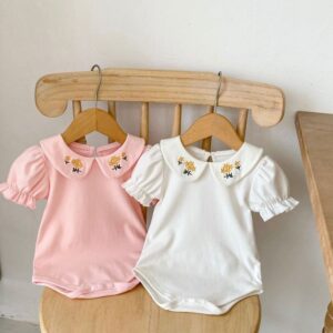 Toddlers Newborn Baby Fashion Girls Short Sleeve Embroidered Cherry Lapel Bodysuit