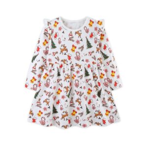 Kids Girls Fashion Cute Christmas Printed Long-Sleeve Dress