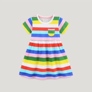 Kids Girls Fashion Rainbow Print Short-Sleeve Loose Dress