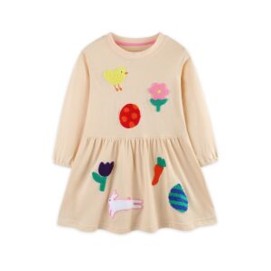 Kids Girls Fashion Cute Floral Embroidered Round-Neck Long Sleeve Cotton Dress