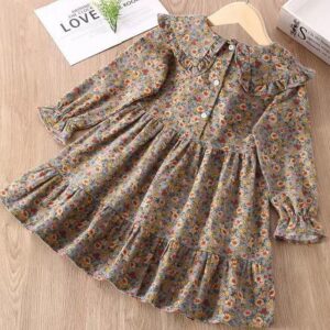 Kids Girls Fashion Cute Spring And Autumn Floral Printed Lapel Long Sleeve Dress