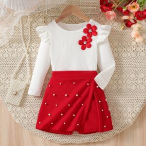 Kids Girls Fashion Elegant Autumn Flower Decoration Long-Sleeve Top Pearl Shorts Two-Piece Set