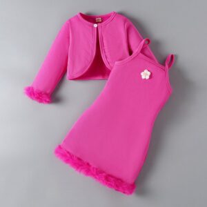 Kids Girl Fashion Elegant Cute Floral Spaghetti Strap Plush Dress Long-Sleece Coat Two-Piece Set
