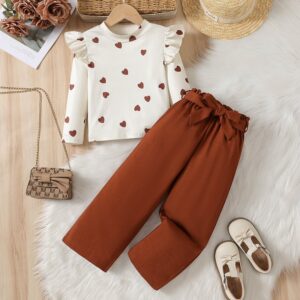 Kids Girls Fashion Printed Round Neck Printed Long Flying Sleeve Top Loose Lace-Up Pants Two-Piece Set