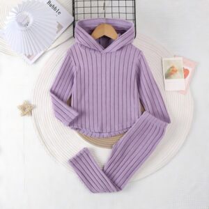 Kids Girl Fashion Casual Autumn Purple Stripes Long Sleeve Hoodies Loose Pants Two-Piece Set