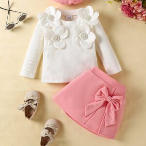 Kids Girls Fashion Cute Flower Decoration Long-Sleeve Top Bowknot Skirts Two-Piece Set