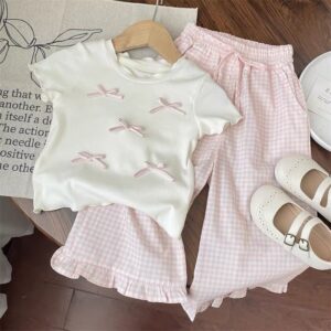 Toddler Girl Sweet Princess Style Bow Short-Sleeved T-Shirt Pink Plaid Flare Wide-Leg Pants Ruffled Two-Piece Set