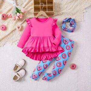 Kids Girls Fashion Autumn And Winter Solid Color Flying Sleeve Stitching Top Loose Pants Headwear 3 Pieces Set