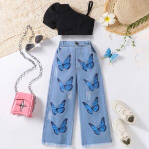 Kids Girls Fashion Solid Color Oblique Shoulder Half Sleeve T-Shirt Butterfly Print Loose Jeans Two-Piece Set