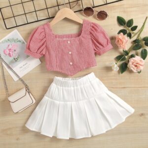 Kids Girls Fashion Plaid Flare Sleeve Blouse Pleated Skirt Two-Piece Set