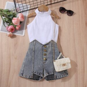 Kids Girls Fashion Solid Color Sleeveless Tank Top Denim Shorts Two-Piece Set