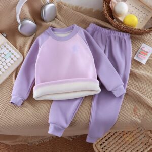 Kids Boys And Girls Fashion Autumn And Winter Color Block Velvet Thickened Long-Sleeve Top Loose Pants Two-Piece Set