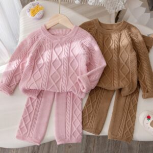 Kids Girls Fashion Autumn And Winter Thickened Knitted Solid Color Long-Sleeve Sweater Loose Pants Two-Piece Set