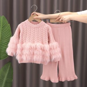 Kids Girls Fashion Autumn And Winter Knitted Plush Long-Sleeve Sweater Flared Pants Two-Piece Set